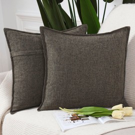 MADIZZ Set of 2 Flanged Linen Throw Pillow Covers 18x18 Inch Dark Taupe Soft Decorative Cushion Cover for Sofa Bedroom Pillow Shell