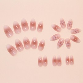24 Pcs Press on Nails Medium Almond - Pink Ombre Nail Tips Kit Fake Nails Press ons French Tip Acrylic Nails Glue on Nails Art 3D Bow-Knot Full Cover Glossy False Nail for Women