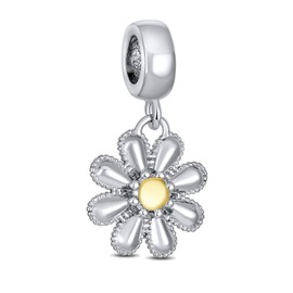 Floral Sunflower Daisy Flower Dangling Bead Charm For Women Mother Two Tone Gold Plated .925 Sterling Silver Fits European Bracelet