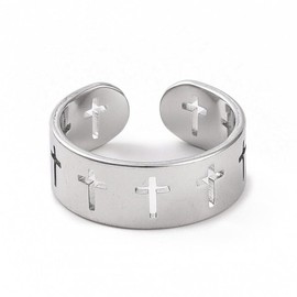LivuX Stainless Steel Cross Ring - Adjustable Ring with Cross Cutouts - Open Design - Christian Jewellery for Men & Women - Spiritual Faith - Symbol of Hope & Strength1230