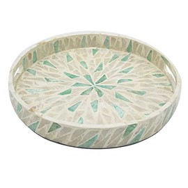 I-lan 12 Inch Round Beige Blue Mother of Pearl Severing Tray with Handle and 2 Inch Side, Lacquer Wooden Shell Decorative Tray, Gorgeous Inlay Nacre Ottoman Tray for Food, Breakfast, Coffee Table, S