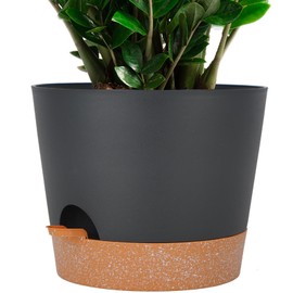SwinDuck 12inch Large Self Watering Plant Pot, Plastic Cylinder Planter with 60Oz Deep Reservoir and Saucer for Indoor Outdoor Plants Flowers Houseplants, Black with Brown