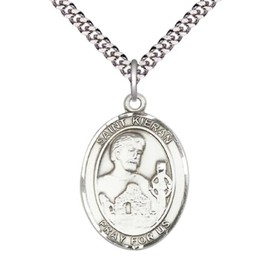 Saint Kieran Medal Necklace– Sterling Silver Pendant with 24-Inch Light Rhodium Plated Heavy Curb Chain – Patron Saint of the Diocese of Ossory, Ireland – Velvet Gift Box Included