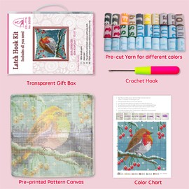 DL-YTG Latch Hook Kits Pillow Winter Bird Crochet Yarn Cushion Colour Pre-Printed Canvas Rug Needlework DIY Pillowcase Hook and Latch Kit Christmas Home Arts Crafts Sofa Decoration 42x42cm/17 X17
