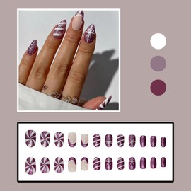 24Pcs Christmas Nails Short Almond Press on Nails French Tip Fake Nails with Purple Glitter Xmas Hat Gift Design Christmas Glue on Nails Natural Full Cover Acrylic False Nails for Women Winter Nails