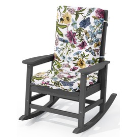 KINGYES HDPE Rocking Chair Outdoor with Thick Cushions, All-Weather Patio Rocking Chair Porch Rocker for Outside, Grey Chair with Flower Cushion