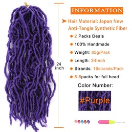 Purple Faux Locs Crochet Hair 24 inch 2 Packs Soft Locs Goddess Locs Crochet Braids Pre-Looped New Locs Crochet Hair for Black Women Synthetic Goddess Locs Braiding Hair (24 Inch, 2 Packs, Purple#)