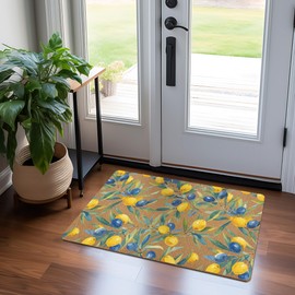 KFXHANGD Mediterranean Lemon Door Mat, Mediterranean Blueberry Lemon Front Door Mat Outside Entrance, Chinoiserie Lemons Artificial Coir Doormat Rugs for Indoor Entryway Entry Outdoor, 17x30 Inch