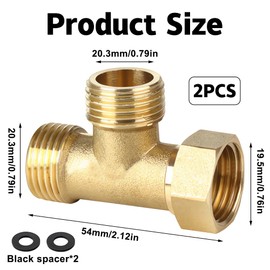 Pack of 2 Brass T-Piece Swivel Pipe Fittings 1/2 Inch, Brass Tee 1/2 Inch, AGxAGxIG T-Piece Water Connection DN15, 3-Way T-Connector Coupling for Air Conditioning, Refrigeration System, Sanitary
