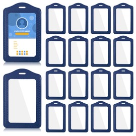 Pineraap 20 Pcs ID Card Badge Holder PU Leather Badge Protector Vertical Work Name Badge Sleeve Waterproof Identification Card Holder for Teacher Student Employee Nurse Office School Supplies, Blue