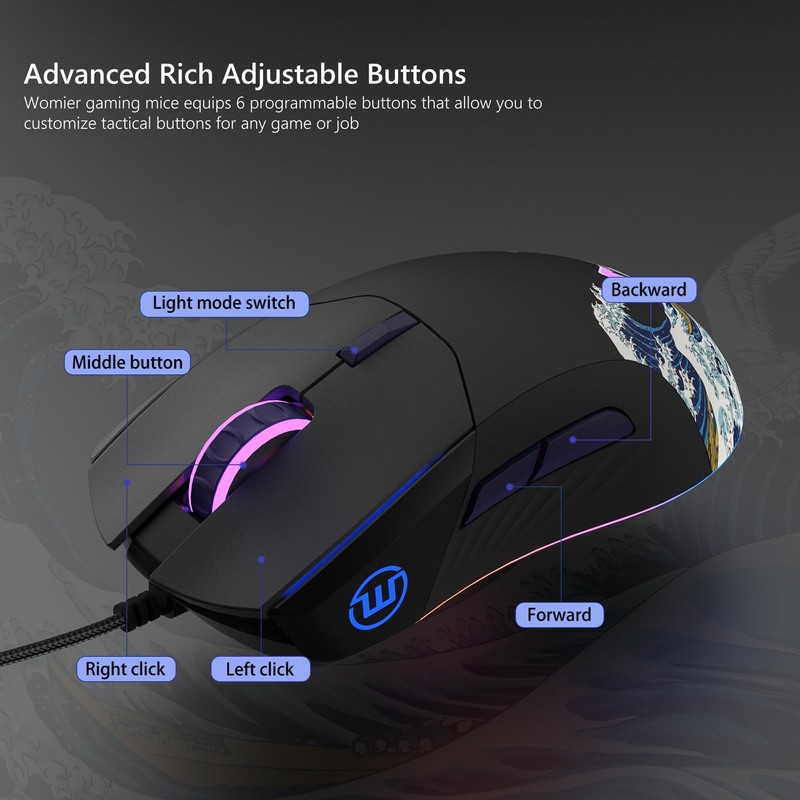 Womier Wired Gaming Mouse,Black RGB Anime Mouse w/Ergonomic Computer 12000DPI/6