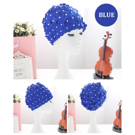 Women Retro Swim Cap, Floral Petal Bathing Cap Long Short Hair Elastic Swimming Turban with Flowers & Pearls(Blue)