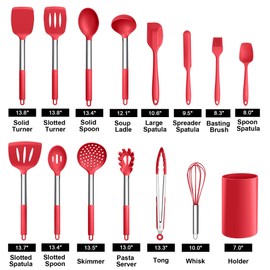 LIANYU 15-Piece Cooking Kitchen Utensils Set with Holder, Silicone Kitchen Tools Stainless Steel Handle, Slotted Spatula Spoon Turner Tong Whisk Brush for Cooking, Red
