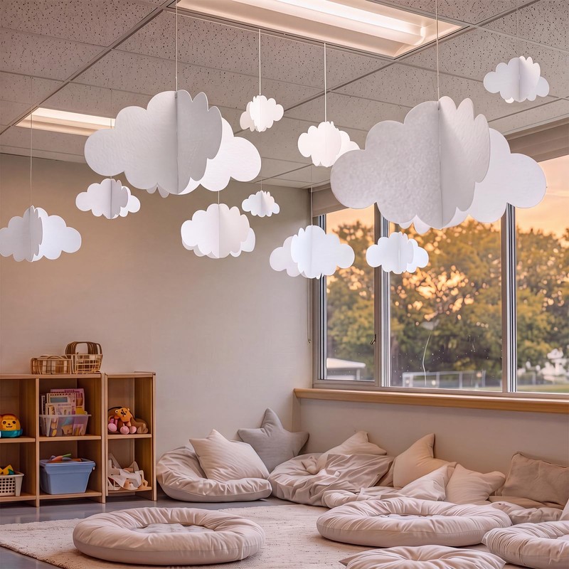 RattanView 15 Pcs Classroom 3D Cloud Decorations, Ceiling Hanging Clouds
