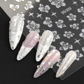 Silver Nail Art Stickers Decals Moon Star Flower Fruits Line Nail Self-Adhesive Sticker Designs 3D Silver Nail Transfer Decals Supplies for Women Girls Manicure Charm Decorations DIY Resin Nail Decal