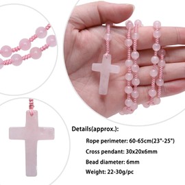 Nupuyai Crystal Cross Pendant with Rosary Chain for Men and Women, Catholic Gemstone Prayer Chain, Cross Necklace, Healing Stone, Reiki Jewellery, Rose Quartz Stone, Rose quartz stone.