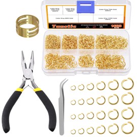 Tanstic 1403Pcs Gold Open Jump Rings Kit, 4mm, 5mm, 6mm, 7mm, 8mm, 10mm Jewelry Jump Rings with Jump Ring Opener, Jewelry Pliers and Tweezer for Jewelry Making