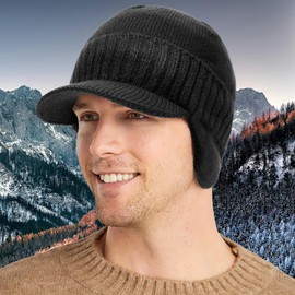 Century Star Mens Winter Hat Visor Beanie Hat Winter Hat with Earflaps Warm Fleece Lined Outdoor Ski Hat with Brim Green One Size