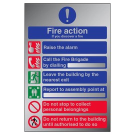 V Safety General Fire Action 6 Message Sign - 150mm x 200mm - 3mm Brushed Alu Comp