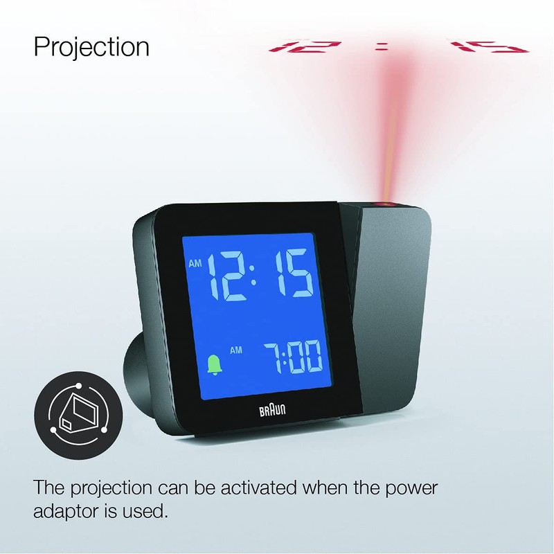 Braun Digital Projection Alarm Clock with 4 Backlight options, Negative