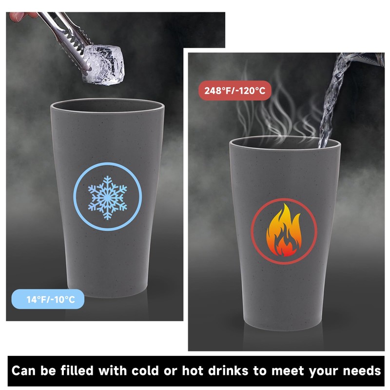 EI 8pcs Dark Grey Wheat Straw Cups,15oz Plastic Reusable Cups,Unbreakable