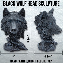 K EXCLUSIVE Black Wolf Head Sculpture | Real Likeness | Polyresin Statue | Hand-Painted Details | Perfect for Home or Office Decor | Height 6.25"