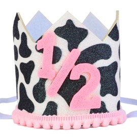 CORNER LACE 1/2 Cow Birthday Glitter Hat for Baby Girls, Half Year Old-6 Month Little Cutie Crown, Western Farm Theme Party Decorations Supplies Favors for Photo Booth Props