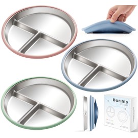 Bufims Stainless Steel Baby Plates with Suction, Divided Metal Toddler Plates with Removable Silicone Sleeves, Non-Slip Kids plates, BPA Free, Non-Toxic, Dishwasher Safe, 3 Pack