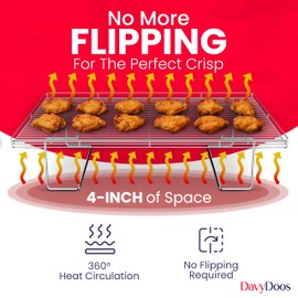 Flip-Free Crispmaster 1st Ever 4-Inch Elevated Roasting & Baking Rack for 360° Heat Stainless Steel Wings, Fries, Chicken, Veggies, Turkey, Roasts, Baking Pan for Oven or Grill 17” x 13”