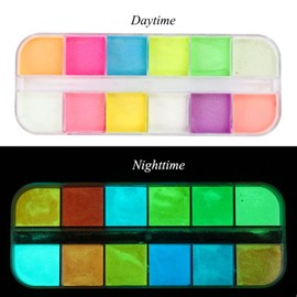 12 Colors Luminous Nail Powder Night Fluorescent Pigment Holographic Glitter Glow Liquid Nail Art Dust Design Sparkle Nails Supplies 3D Nail Art Decoration for Women Girls Manicure Tips Charms