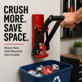 16 oz Wall-Mounted Can Crusher for Recycling – Heavy-Duty Steel Smasher with Soft-Grip Handle and Bottle Opener