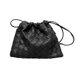 ZHDGUZG Woven PU Leather Crossbody Bag for Women, Drawstring Closure Shoulder Bag with Adjustable Strap, Chic Small Purse for Daily Use (Black)