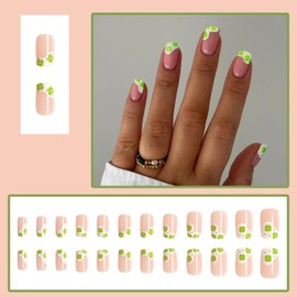 24 Pcs St. Patrick's Day Press on Nails Medium Square French Fake Nails with Shamrock Irish Designs Cute False Nails Full Cover Stick on Nails for Women St. Patrick's Day Clover Manicure Set
