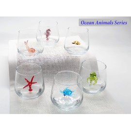 HeguSun Taza de vidrio 3D con bonita figura de animal en el interior, cifras de vidrio soplado a mano en el interior, taza sin tallo para vino, agua, leche, bebidas, 12 onzas (caballito de mar y ballena)