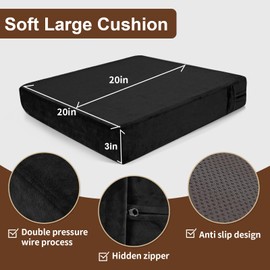 SINOSSO Velvet Large Chair Cushion for Elderly 20" x 20" x 3", High Density Foam Seat Cushion for Recliner Couch Armchair, Thickened Chair Pad, Black