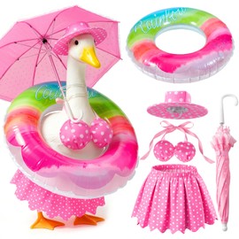 Mastom Porch Goose Outfits Fits 23" Statue Summer Outfits with Hat Swim Ring and Parasol Hawaiian Porch Goose Clothes Costume for Outdoor Patio Yard Decor