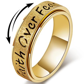 Fidget Spinner Ring for Women - Faith Over Fear Stainless Steel Anxiety Relief Rings for Adults, Christian Inspirational Hope Thumb Ring for Stress & Focus, Jewelry Gift for Women Men (Gold, 8)