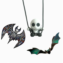 LXQTAO Resin Cute Skull & Acrylic Bat Rearview Mirror Decorations, Gothic Style Car Rearview Mirror Decor Set (Striped Clothes Edition)