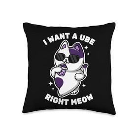 Ube Boba Cat Bubble Tea Purple Yam Cute Boba Cat Throw Pillow