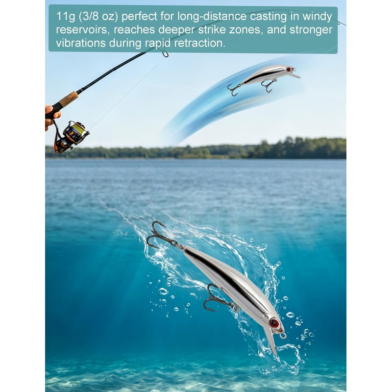Avlcoaky Minnow Lure Set Reflective Electroplated Jerkbait, 2pcs 3/8oz Mirror