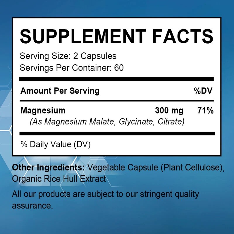 Complejo Triple Magnesio, 300mg de Glicinato de Magnesio, Malato, Citrato
