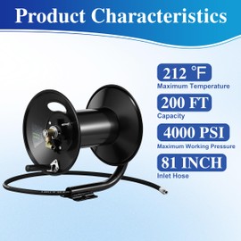 M MINGLE Pressure Washer Hose Reel 200ft, Heavy Duty Steel Hose Reel, Manual Crank Power Washer Hose Reel with Swivel Arm, 3/8" NPT Outlet Pipe, 4000 PSI