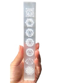 Steinfixx® Real Selenite Charging Plate | Ruler with Beautiful Engraved Chakra Symbols | 20 cm | Ideal for Charging Your Gemstones | Decoration | Includes Acrylic Stand