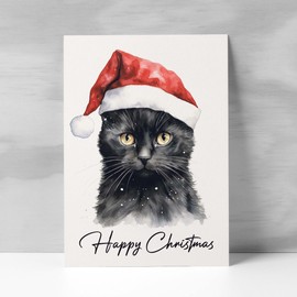 Postcard Prints - Cat Christmas Card Featuring A Black Cat Wearing a Santa Hat Fun Christmas Card For Him or Her Christmas Card For Anyone Christmas Card