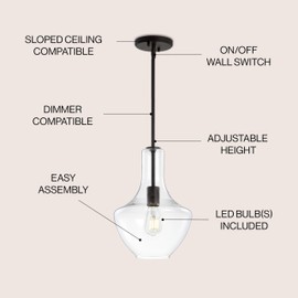 JONATHAN Y JYL6400B Watts 10.5" Glass/Metal LED Pendant Farmhouse Contemporary Dimmable Dining Room Living Room Kitchen Foyer Bedroom Hallway, Oil Rubbed Bronze/Clear