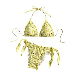 BEAUDRM - Conjunto de bikini de 2 piezas para mujer, estampado floral, con volantes, corbata, sin espalda, traje de baño, Amarillo, X-Small