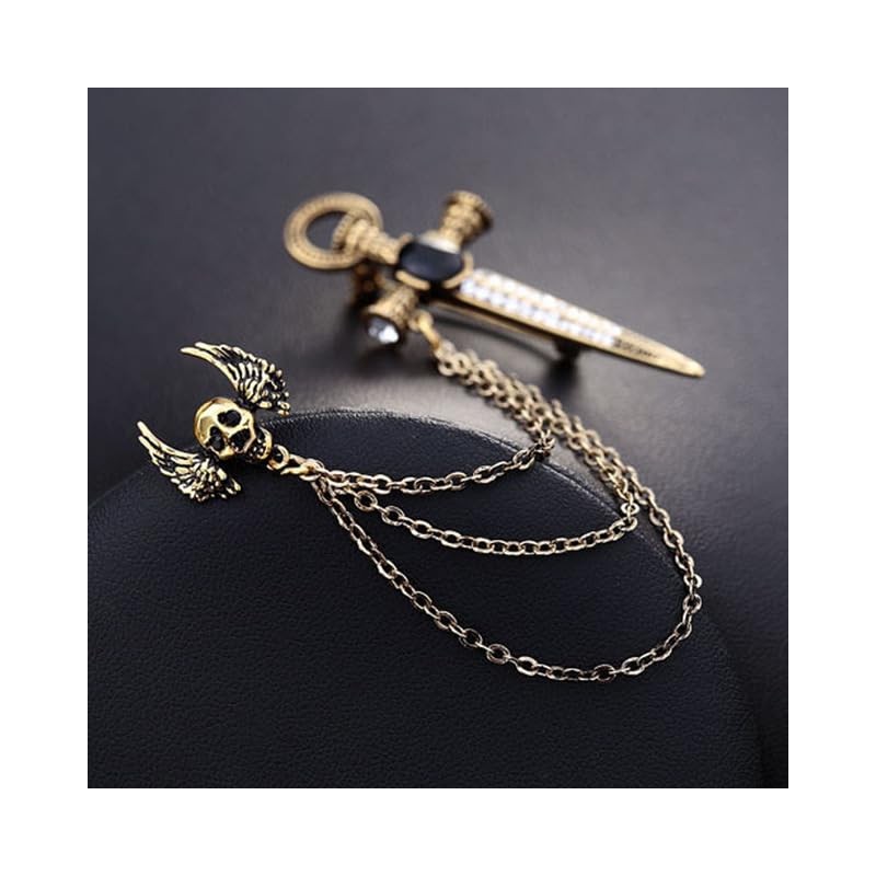 Gothic Skull Head with Sword Brooch Pin Long Chain Tassels