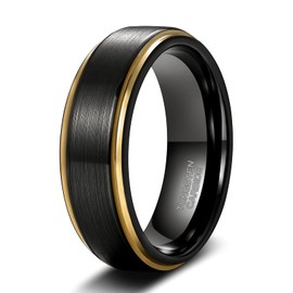 TRUMIUM Mens Tungsten Wedding Bands 8mm Black Matte Finished Center Gold Step Edges Engagement Promise Rings Comfort Fit Size 10