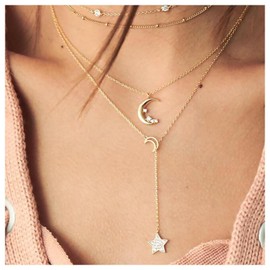 Inilbran Boho Layered Crescent Moon Necklace Gold CZ Star Y Lariat Necklace Vintage Crystal Moon Pendant Necklace Rhinestone Star Y Necklace Choker Jewellery for Women and Girls