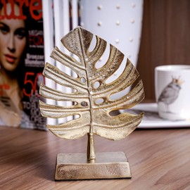 MyGift Brass Tone Metal Palm Leaf Modern Art Sculpture Decor, Monstera Plant Statue - Handcrafted in India